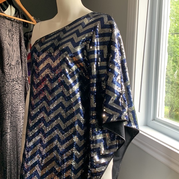 Stunning Jay Godfrey Dress Party Sequins Striped Blue Gray One Shoulder Batwing - Picture 5 of 8